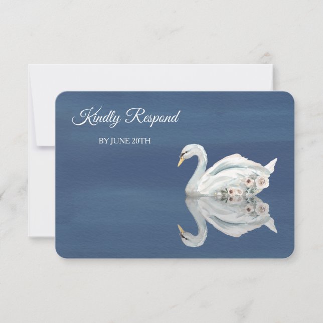 Cisne Floral Blanco en RSVP de Boda de Menú Azul (Anverso)