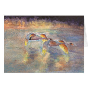 Cisnes dirigidos a casa en la puesta del sol