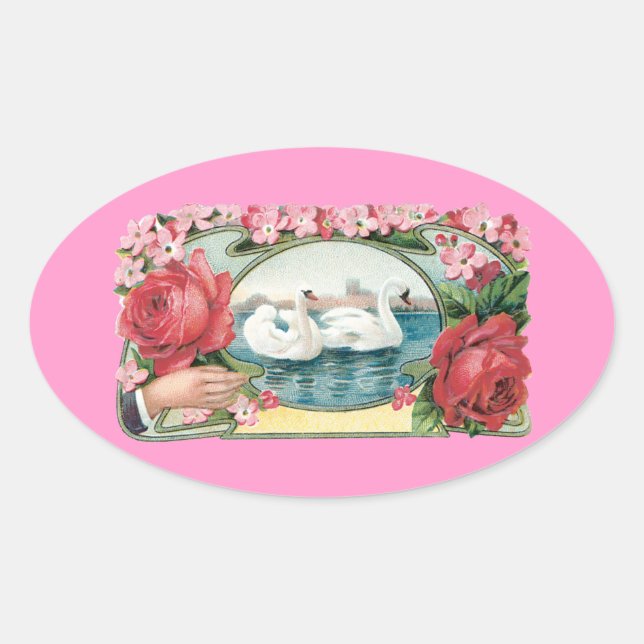 Cisnes y Rosas Vintage Art Pegatinas (Anverso)
