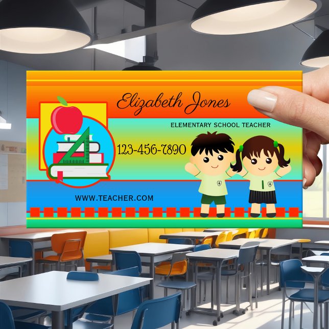 Citas Audaz tarjeta de presentación de profesores de esc (Business card in bold colors with kids - primary school or elementary teacher - colorful - whimsical)