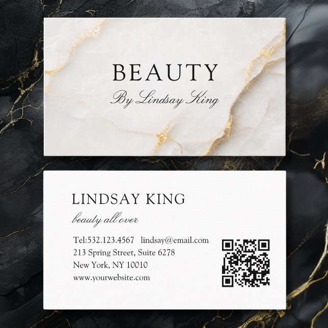 Citas Tarjeta de visita con código QR de mármol blanco e (Elegant White Marble QR Code Business Card)