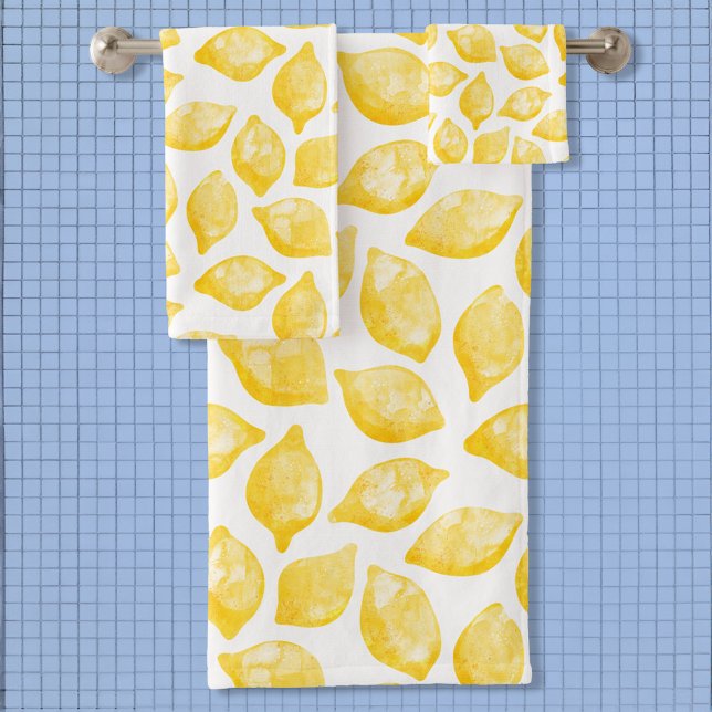 Citruro de patrón limón de color agua (Modern citrus lemon fruit watercolor art bathroom towel set)