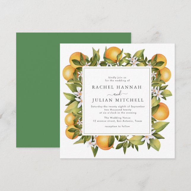 citrus naranja acuarela invitación a la boda flora (Anverso / Reverso)