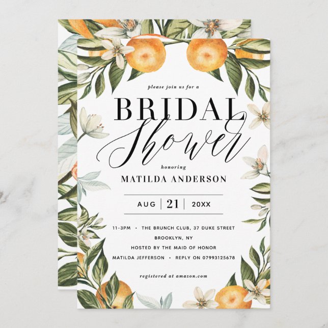 Citrus, naranja + fiesta de ducha de novia con flo (Anverso / Reverso)