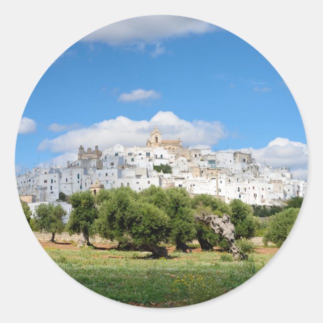Ciudad blanca Ostuni, pegatina redondo de Puglia (Anverso)