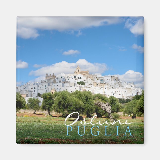 Ciudad blanca Ostuni, Puglia, imán de texto (Frente)