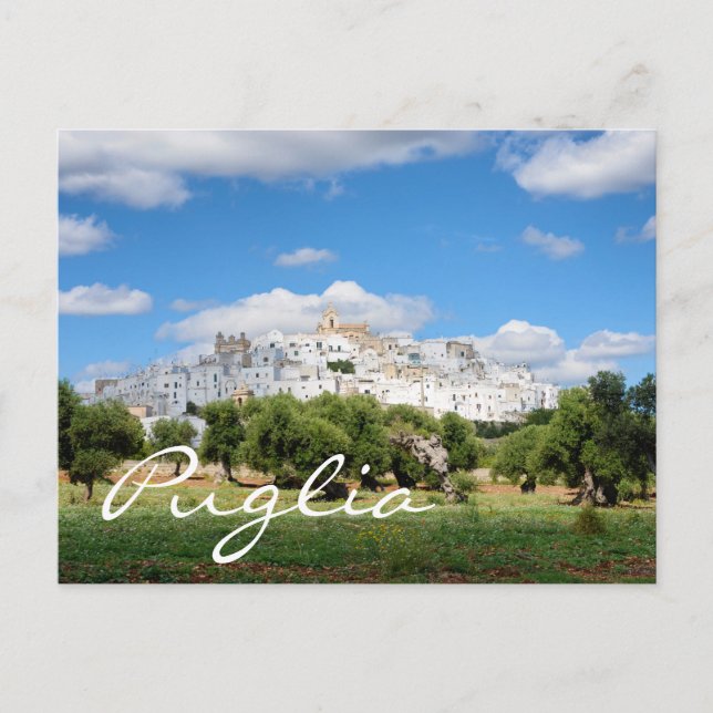 Ciudad blanca y olivos en Apulia postal (Anverso)