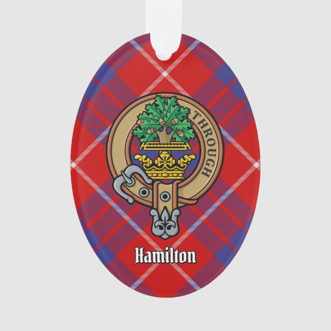 Clan Hamilton Escudo sobre Ornamento Tartán Rojo (Anverso)