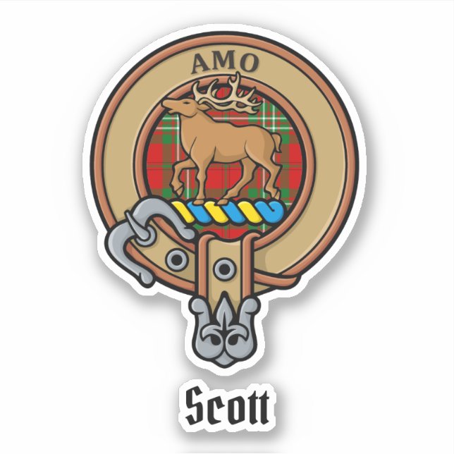 Clan Scott Escudo sobre Red Tartan Pegatina (Anverso)