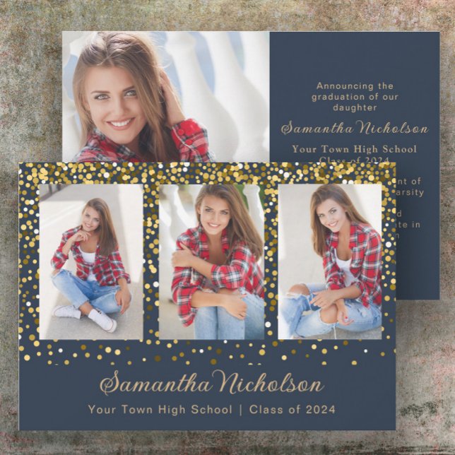 Clase Purpurina de Oro Azul de la Marina de 2024 (Navy blue and gold glitter 4-photo graduation announcement)