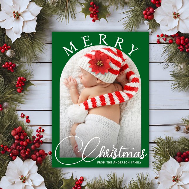 Clásica Feliz Navidad Verde y Familia Blanca Foto (Classic Merry Christmas Green & White Family Photo Holiday Card)