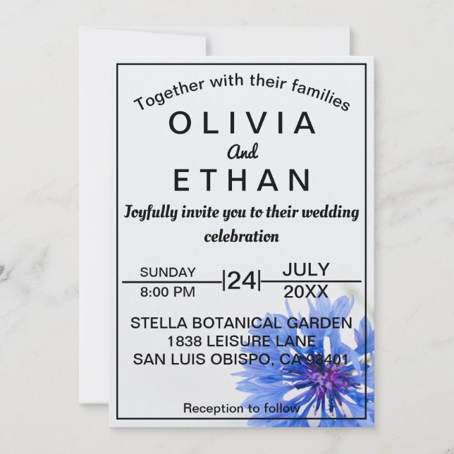 Clásica foto floral azul Invitación a la boda (Anverso)
