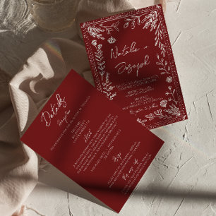 Clásica Invitación de Boda Floral Azul Rojo Profun