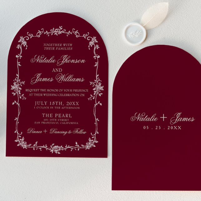 Clásica Invitación de Boda Floral Borgoña Arqueada (Subido por el creador)