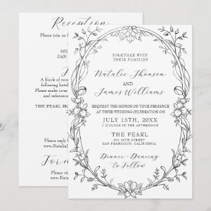 Clásica Invitación de Boda Floral en Blanco y Negr