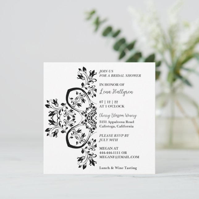 Clásica invitación floral en blanco y negro (Anverso de pie)