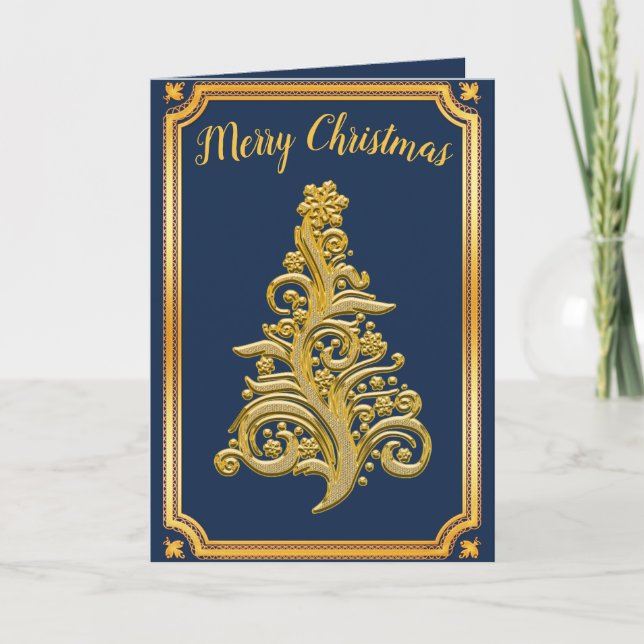Clásica Tarjeta de Árbol de Navidad Dorada (Anverso)