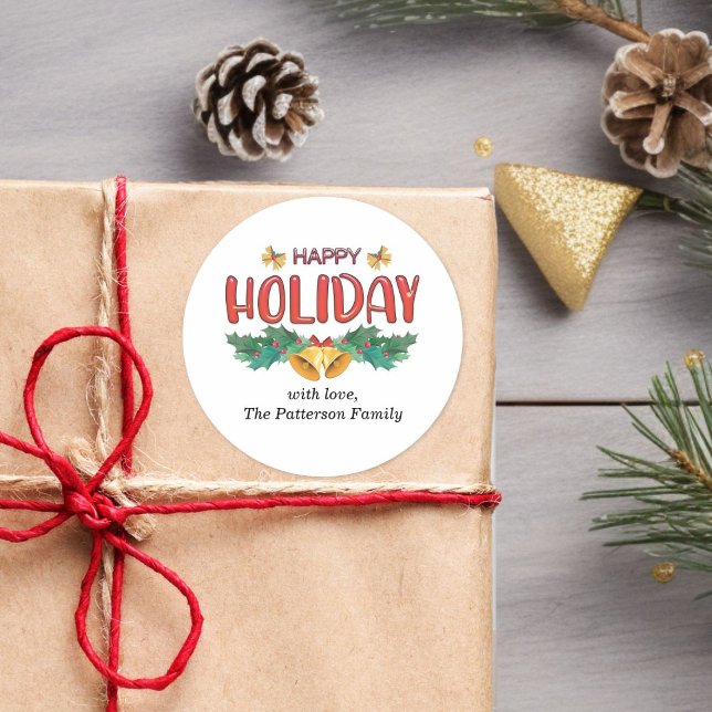 Clásicas campanas de vacaciones y Pegatina del nom (Custom Classic Holiday Bells & Holly Family Name Sticker)