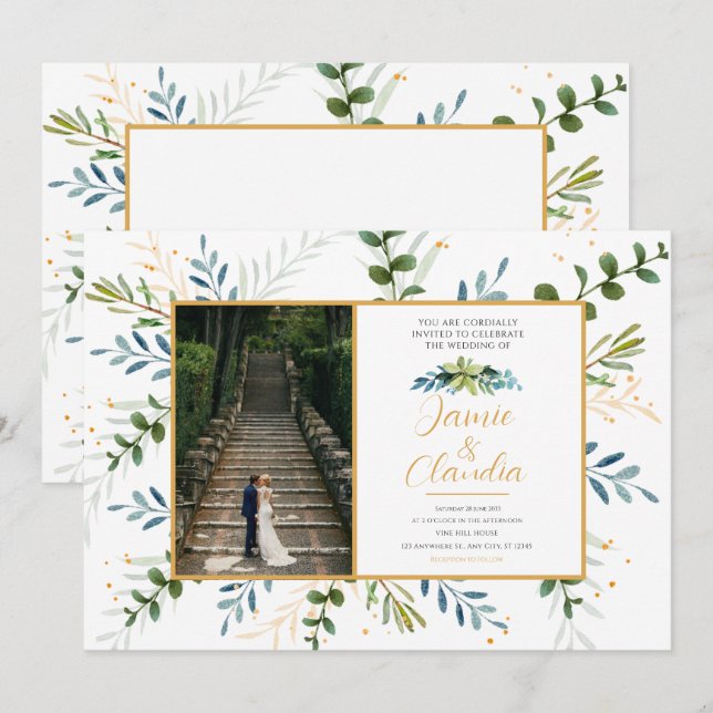 Clásicas invitaciones a bodas formales eucalipto (Anverso / Reverso)
