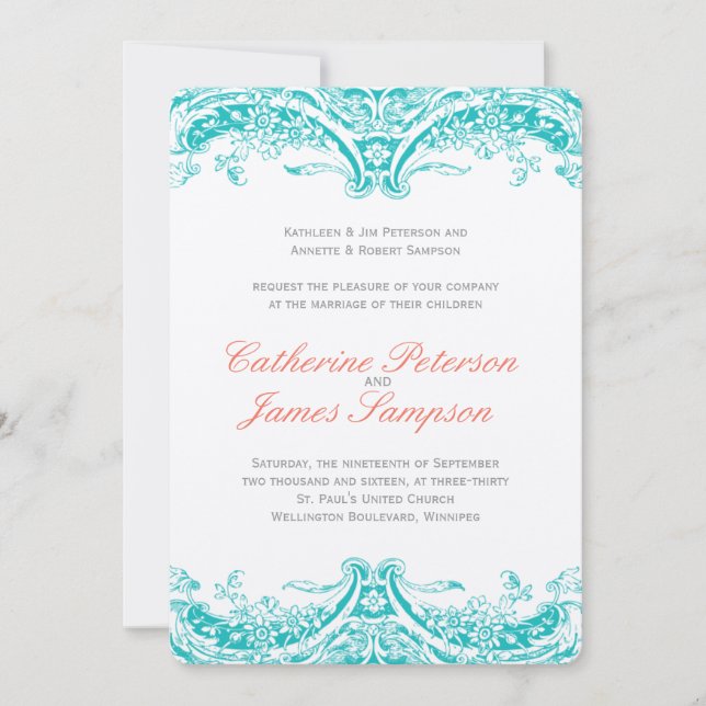 Clásicas invitaciones a la boda de turquesa y cora (Anverso)