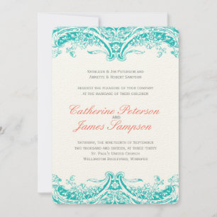 Clásicas invitaciones a la boda de turquesa y cora