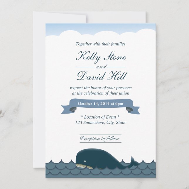 Clásicas invitaciones de ballena azul y boda marít (Anverso)