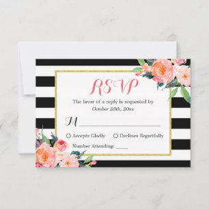 Clásico Black White Strips Floral RSVP Respuesta