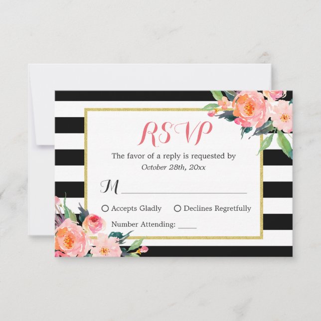 Clásico Black White Strips Floral RSVP Respuesta (Anverso)