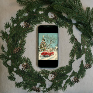 Clásico Coche Rojo Vintage Árbol de Navidad Pueblo