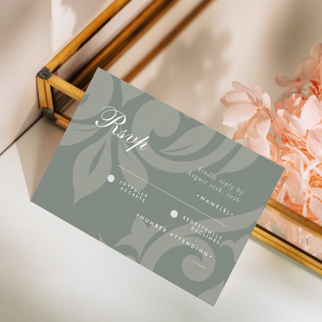 Clásico Damask Earthy Olive Photo Wedding RSVP (Subido por el creador)