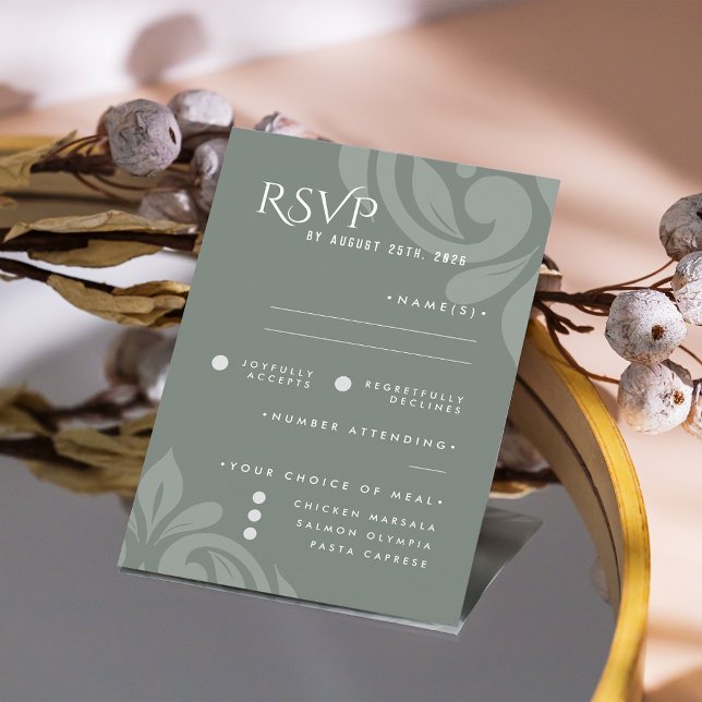 Clásico Damask Earthy Sage Photo Wedding RSVP (Subido por el creador)