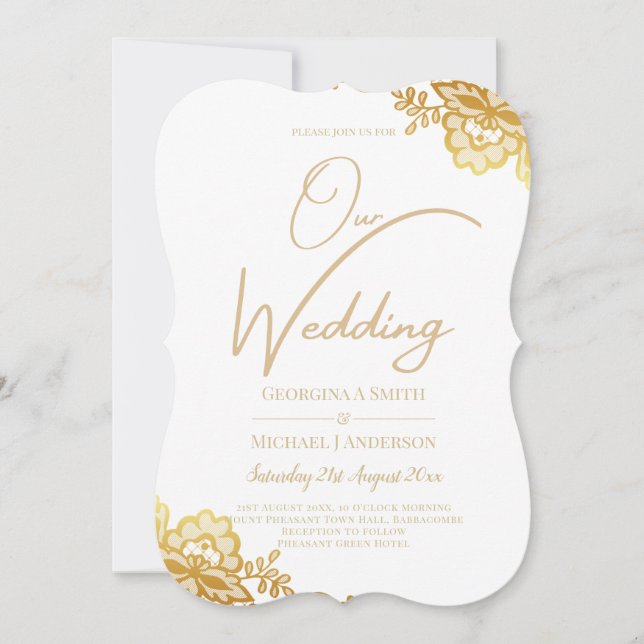 Clásico de Invitación a la Boda Blanca de encaje d (Anverso)
