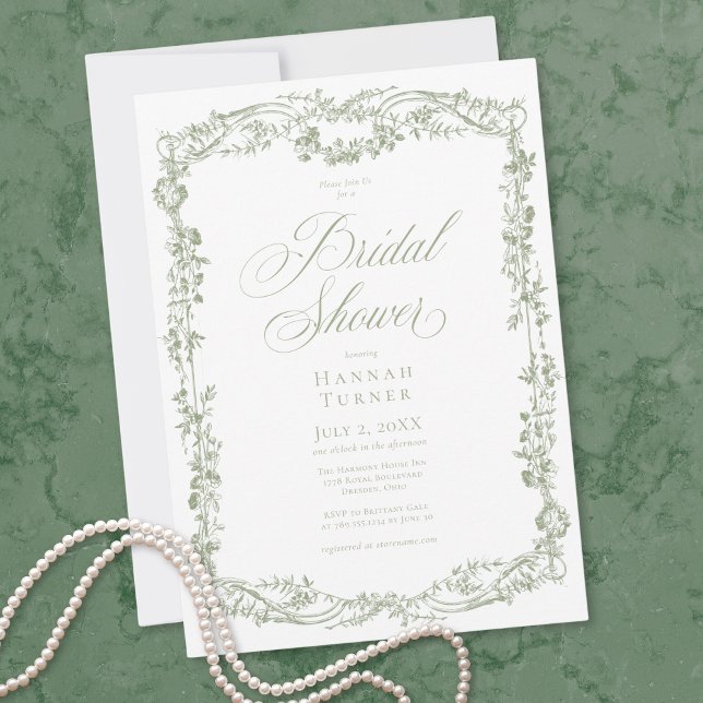 Clásico Elegante Invitación de Despedida de Solter (Classic Elegant Sage Floral Frame Bridal Shower Invitation)