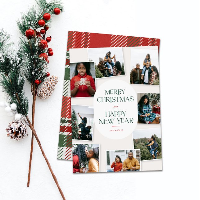 Clásico Feliz Navidad 8 Foto Collage (Merry Christmas and Happy New year card show with backside pattern on a white background with sprig)