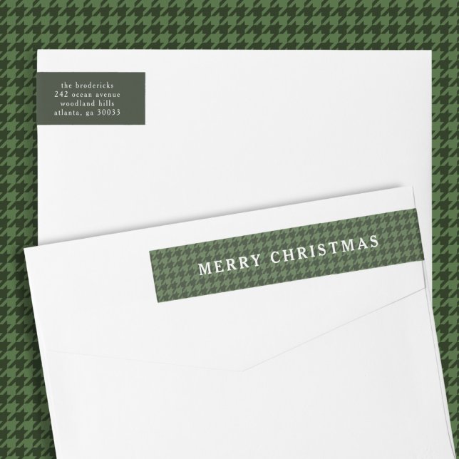 Clásico Houndstooth Verde Feliz Navidad  (classic, timeless Merry Christmas address label with green houndstooth pattern)