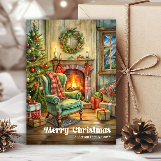 Clásico interior de Navidad vintage cálido (Warm vintage Christmas interior classic Holiday Card)