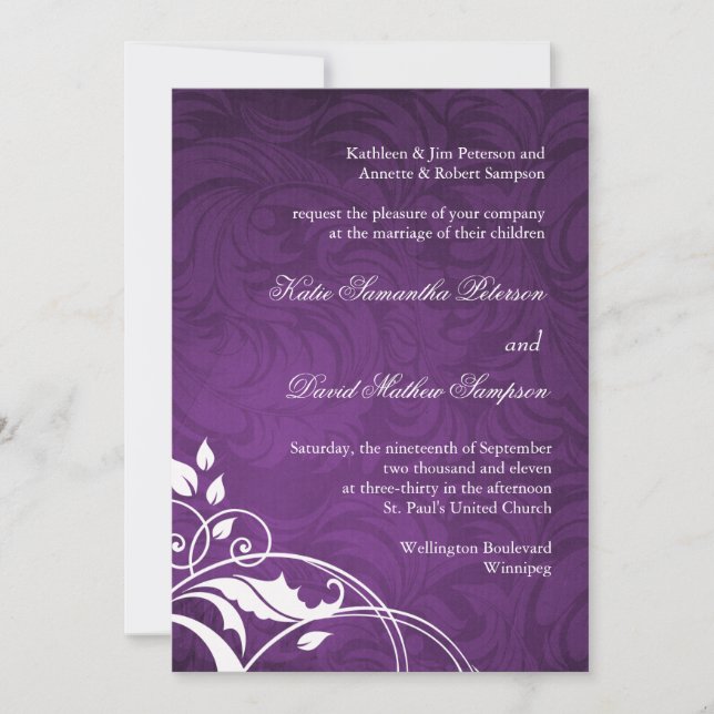 Clásico invitación a la boda púrpura (Anverso)