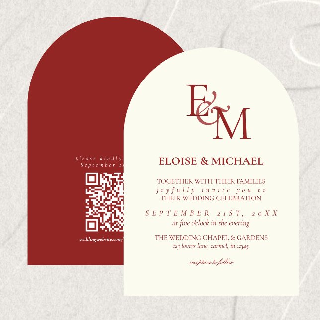 Clásico Invitación de Boda Minimalista con Monogra (Classic Burgundy Red Monogram Minimalist Wedding Invitation)