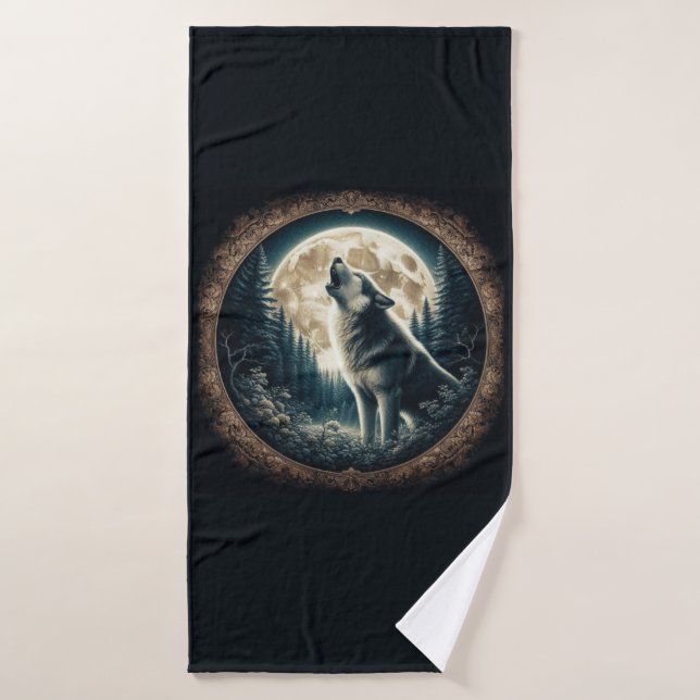 Clásico, lobo vintage y luna (Toalla de baño)