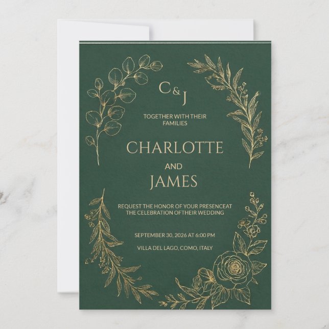 Clásico Lujo | Invitación de Boda Elegante Verde S (Anverso)