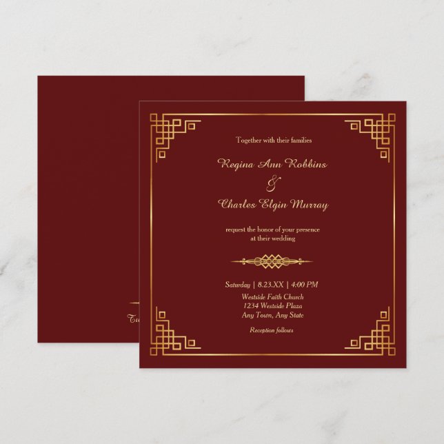 Clásico Maroon Red Gold Frame Invitación a la boda (Anverso / Reverso)