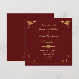 Clásico Maroon Red Gold Frame Invitación a la boda