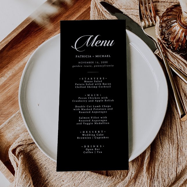 Clásico Menú de Boda con Caligrafía en Blanco y Ne (Subido por el creador)