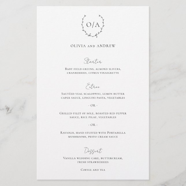 Clásico Menú de Boda con Cresta de Monograma en Co (Anverso)