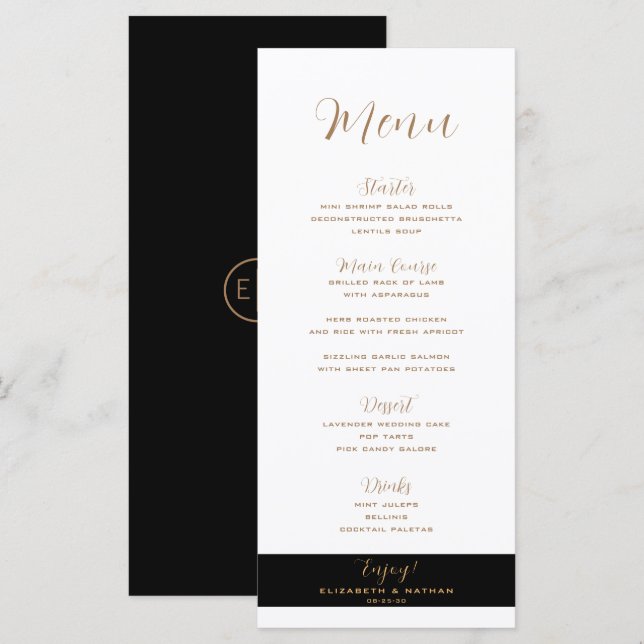 Clásico menú Minimalista negro y oro Boda (Anverso / Reverso)