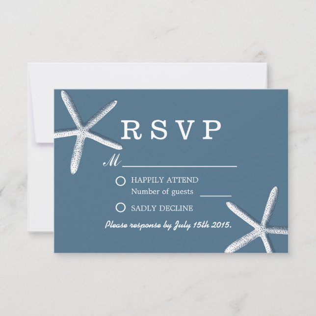Clásico Navy Blue Starfish Beach Wedding RSVP (Anverso)