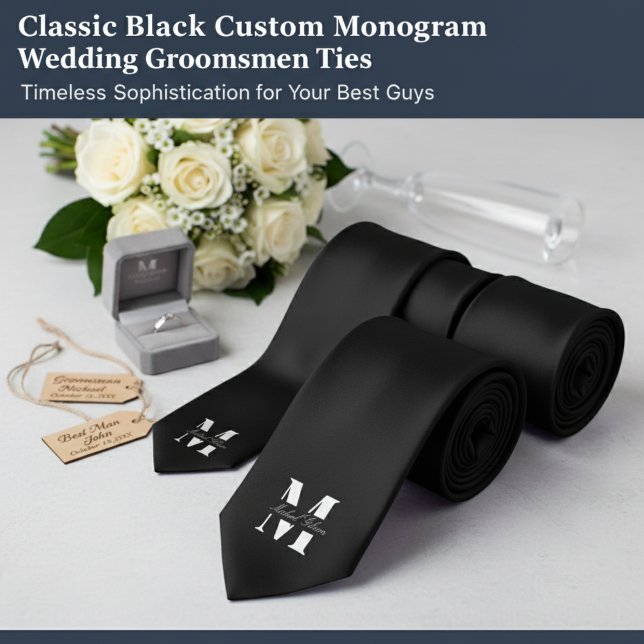 Clásico Negro | Corbata de Cuello con Monograma Pe (Classic Black | Custom Monogram Wedding Groomsmen Neck Tie)