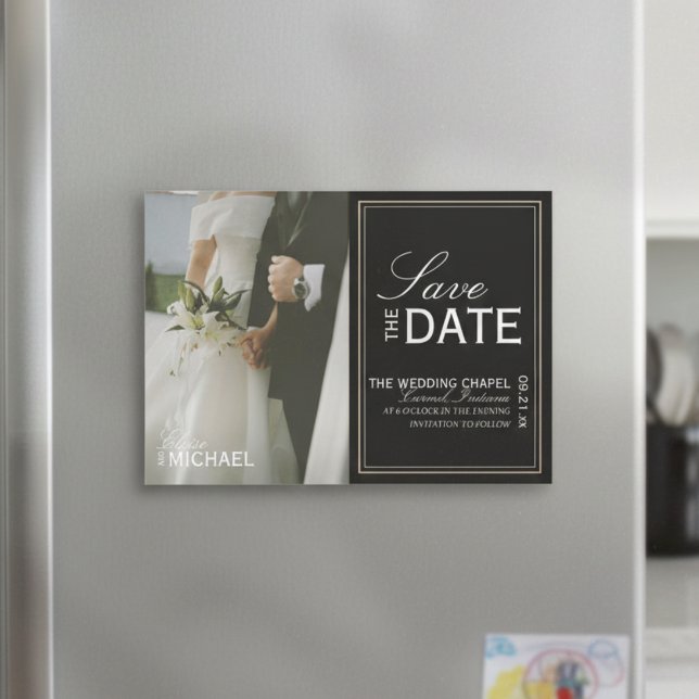 Clásico Negro Foto Editorial Save the Date (Invite guests to your formal affair with this Classic Black Editorial Photo Save the Date Magnet!)
