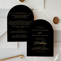 Clásico Negro y Dorado Tarjeta de Boda Frente y Do