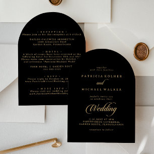Clásico Negro y Dorado Tarjeta de Boda Frente y Do